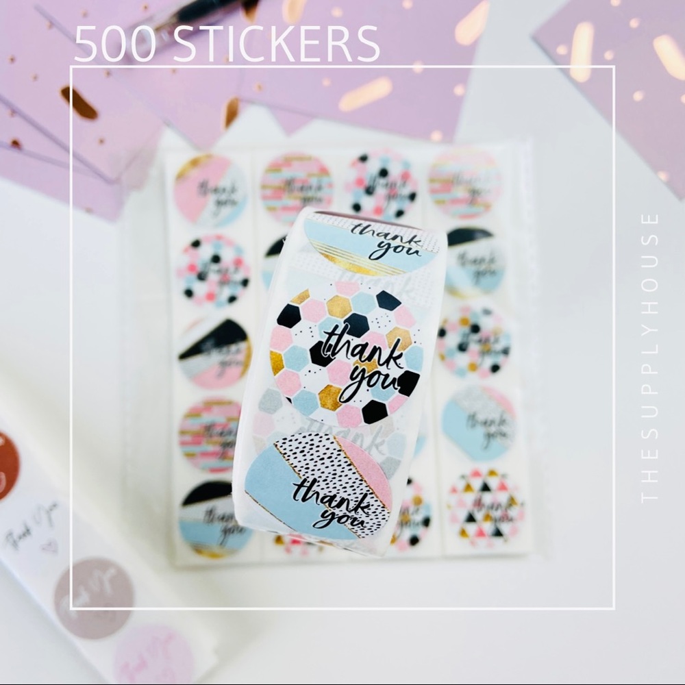 500 Thank You Stickers. Pink Black Gold Mixed Pattern. Envelope Seals 1 Roll.